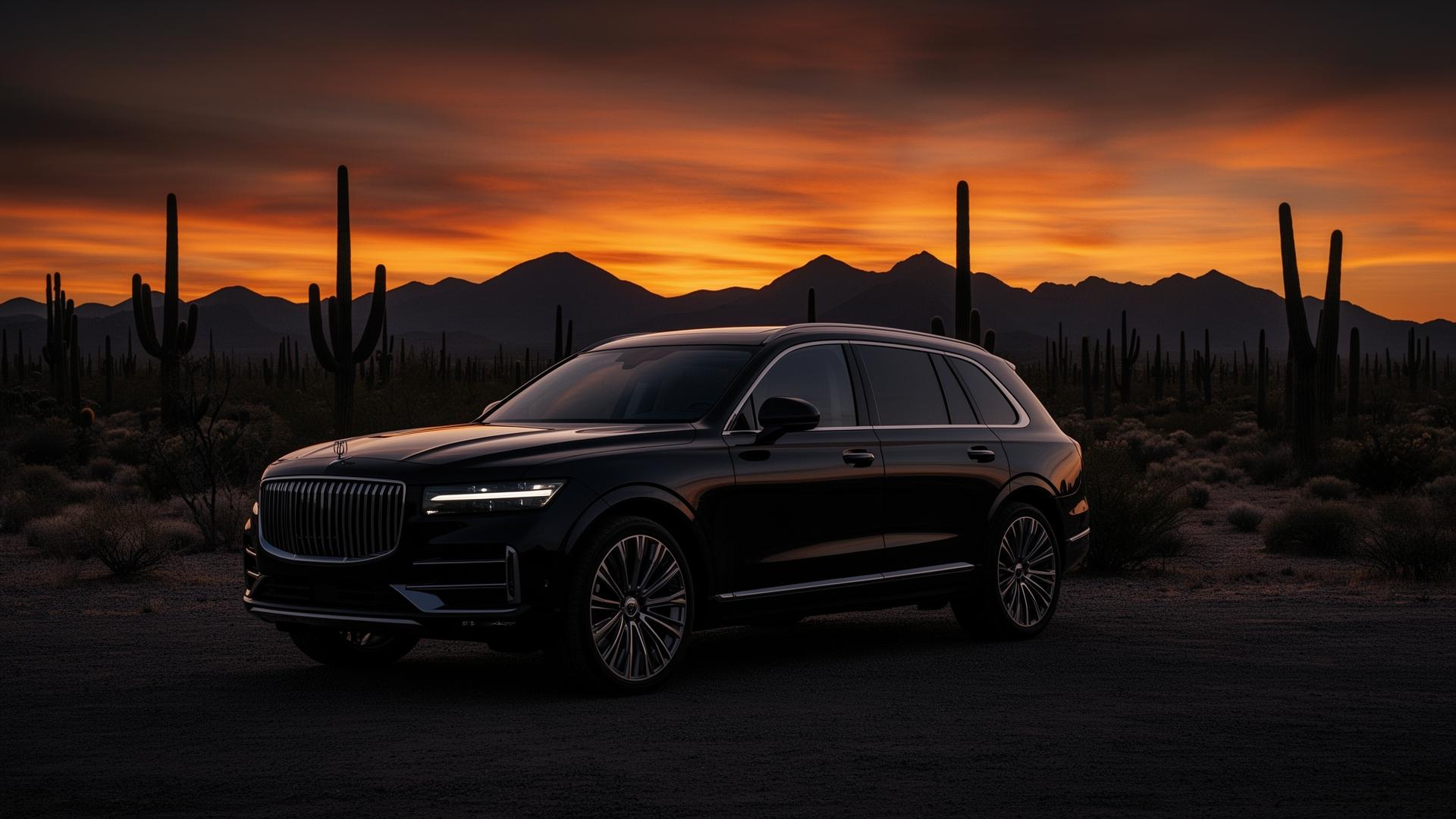 Luxury SUV at Phoenix desert sunset